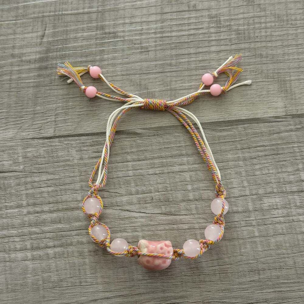 Hand-Woven Adjustable Pink String Bracelet with Rose Quartz Beads and Cat Charm